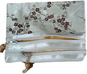 Portable Large Silk Brocade Multi Zipper Pouch Jewelry Storage Bags for Travel Cosmetic Makeup Packaging 3 Zip Purses (beige (pattern random))