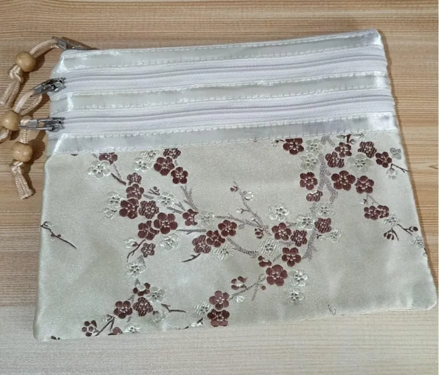 Portable Large Silk Brocade Multi Zipper Pouch Jewelry Storage Bags for Travel Cosmetic Makeup Packaging 3 Zip Purses (beige (pattern random))