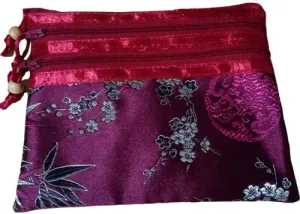 Portable Large Silk Brocade Multi Zipper Pouch Jewelry Storage Bags for Travel Cosmetic Makeup Packaging 3 Zip Purses (burgundy (pattern random))