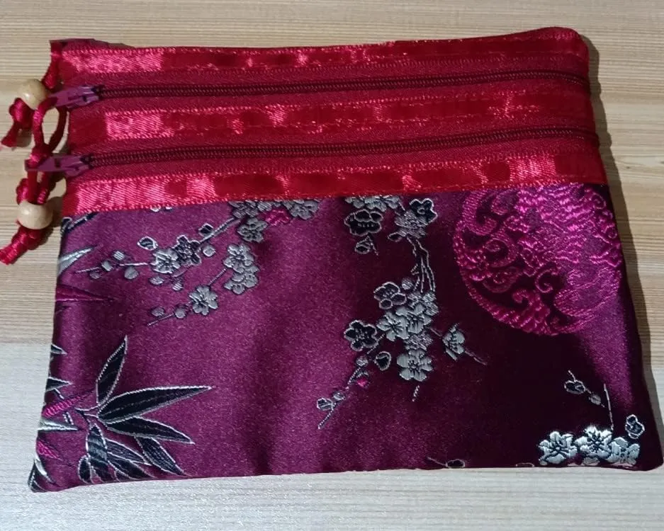 Portable Large Silk Brocade Multi Zipper Pouch Jewelry Storage Bags for Travel Cosmetic Makeup Packaging 3 Zip Purses (burgundy (pattern random))