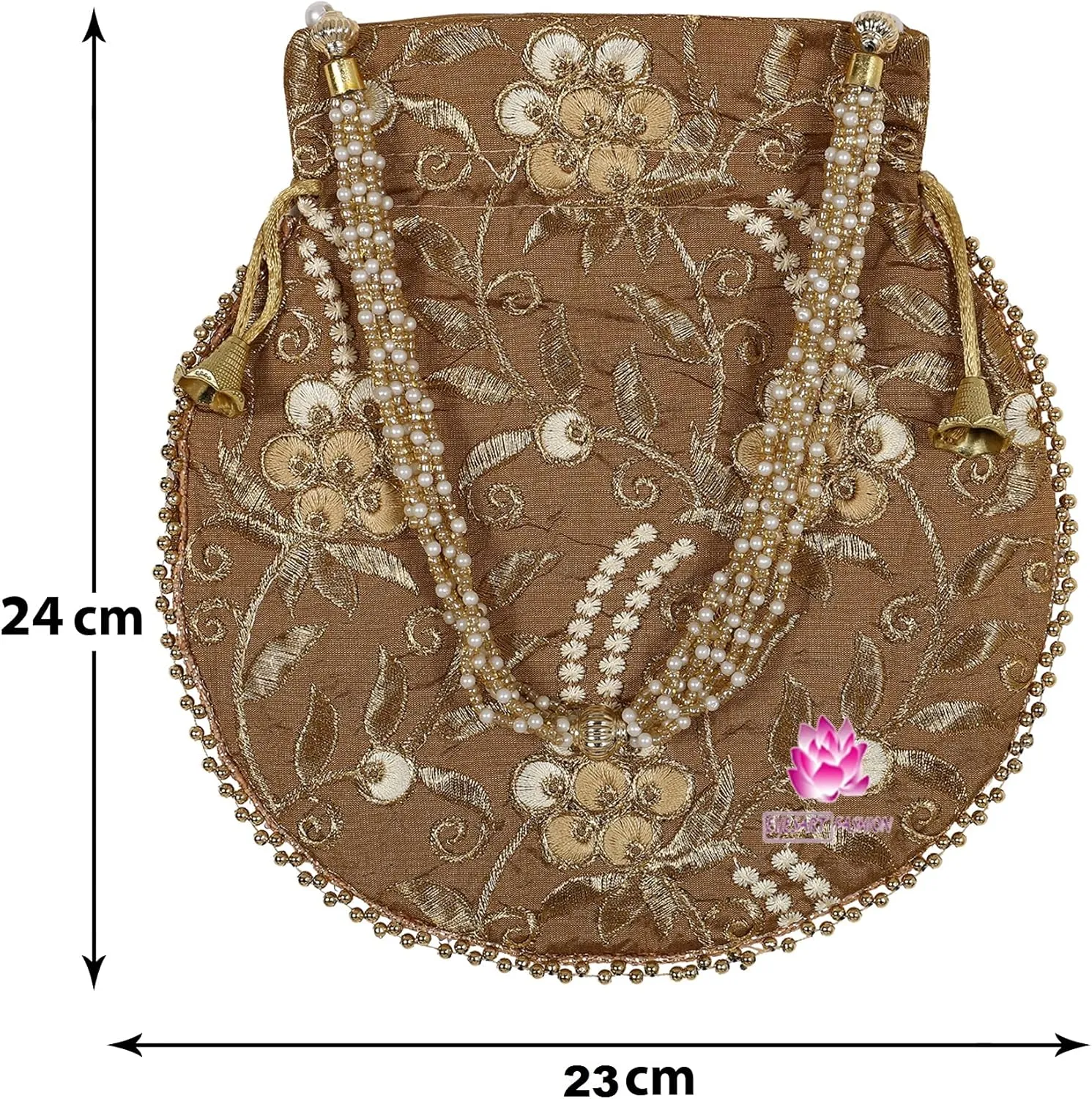 Potli Bag for Women Ethnic Gold, Pearl Handle Floral Accents, Drawstring Closure Pearls Handle Batwa Clutch Purse