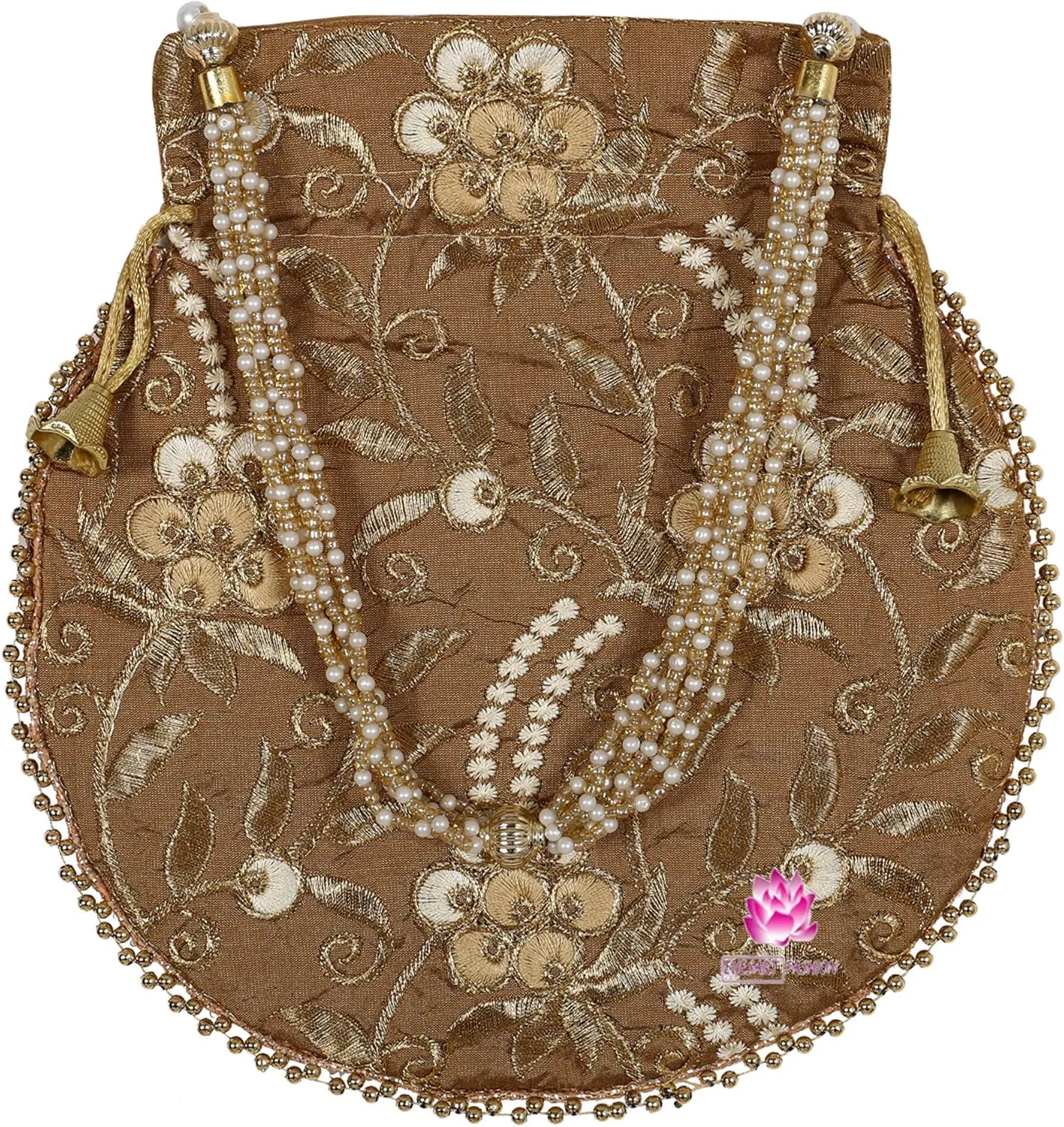 Potli Bag for Women Ethnic Gold, Pearl Handle Floral Accents, Drawstring Closure Pearls Handle Batwa Clutch Purse