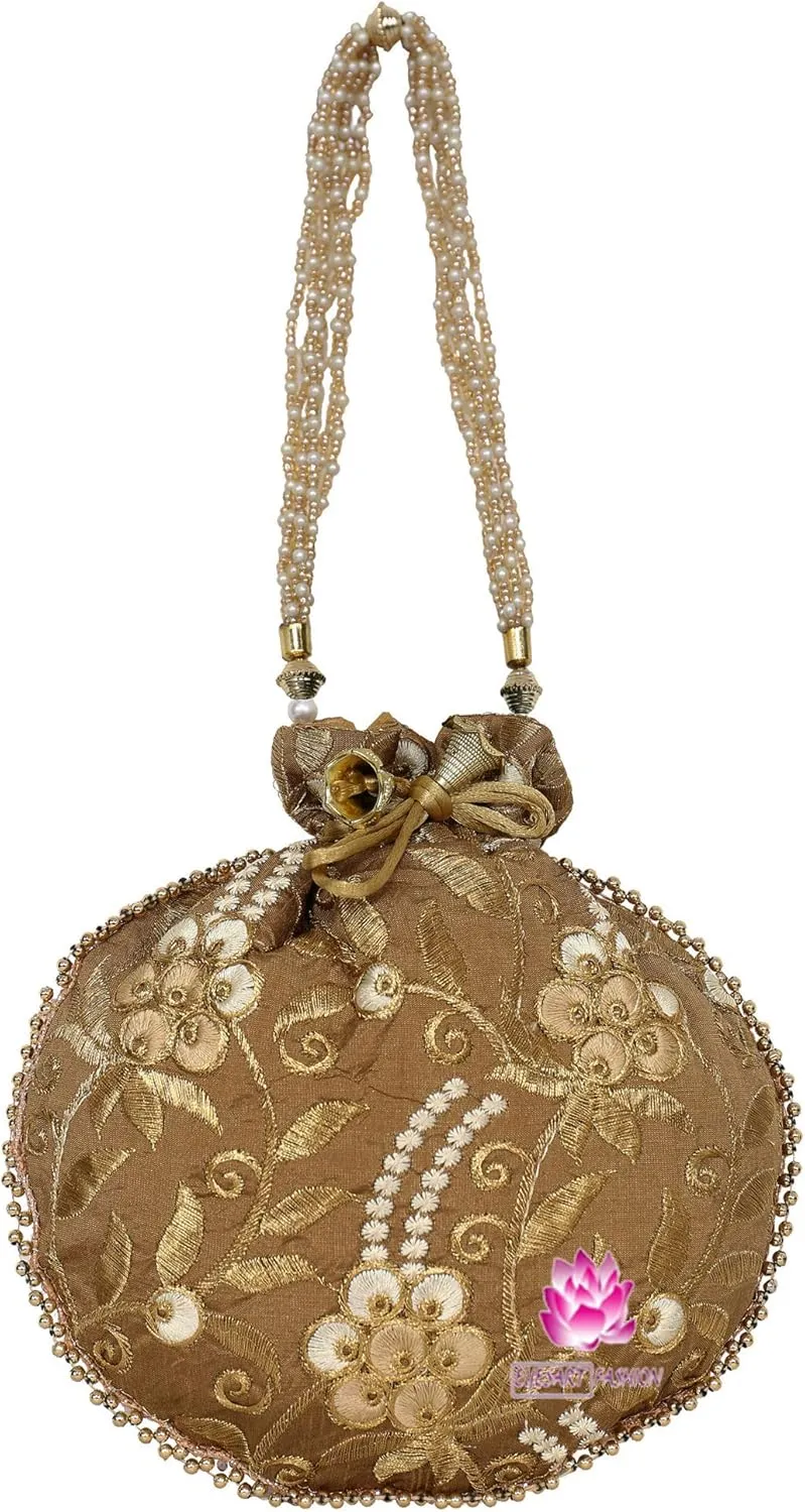 Potli Bag for Women Ethnic Gold, Pearl Handle Floral Accents, Drawstring Closure Pearls Handle Batwa Clutch Purse