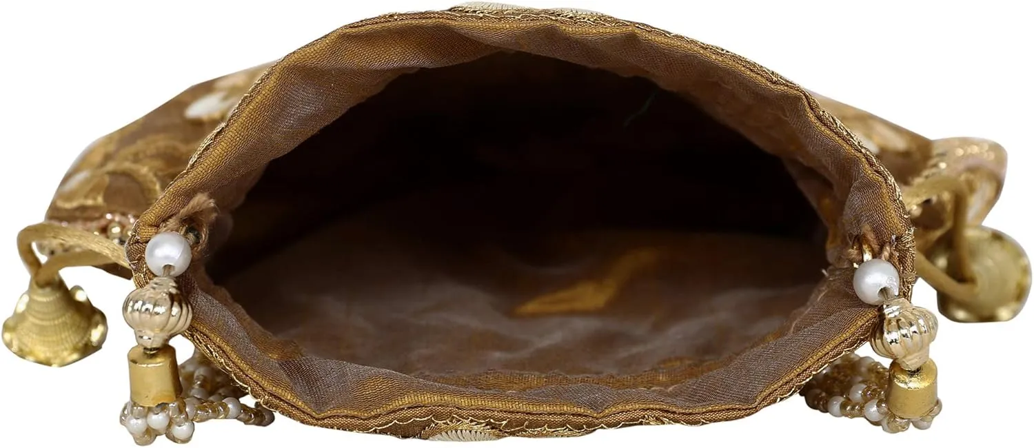 Potli Bag for Women Ethnic Gold, Pearl Handle Floral Accents, Drawstring Closure Pearls Handle Batwa Clutch Purse