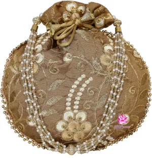 Potli Bag for Women Ethnic Gold, Pearl Handle Floral Accents, Drawstring Closure Pearls Handle Batwa Clutch Purse
