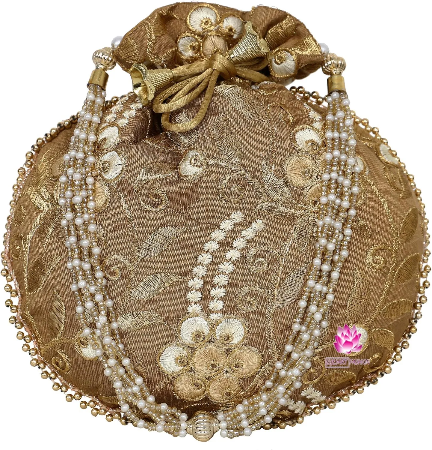 Potli Bag for Women Ethnic Gold, Pearl Handle Floral Accents, Drawstring Closure Pearls Handle Batwa Clutch Purse