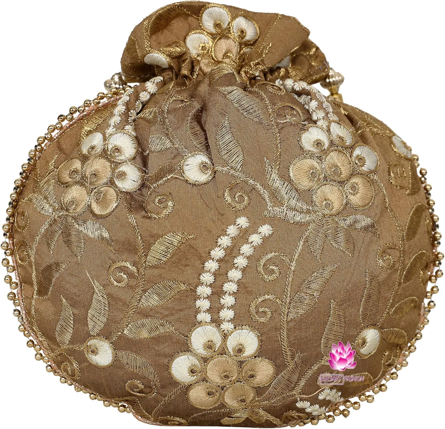 Potli Bag for Women Ethnic Gold, Pearl Handle Floral Accents, Drawstring Closure Pearls Handle Batwa Clutch Purse