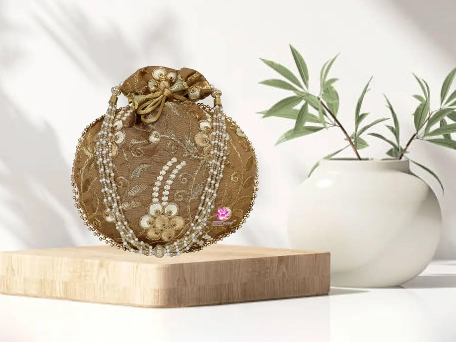 Potli Bag for Women Ethnic Gold, Pearl Handle Floral Accents, Drawstring Closure Pearls Handle Batwa Clutch Purse
