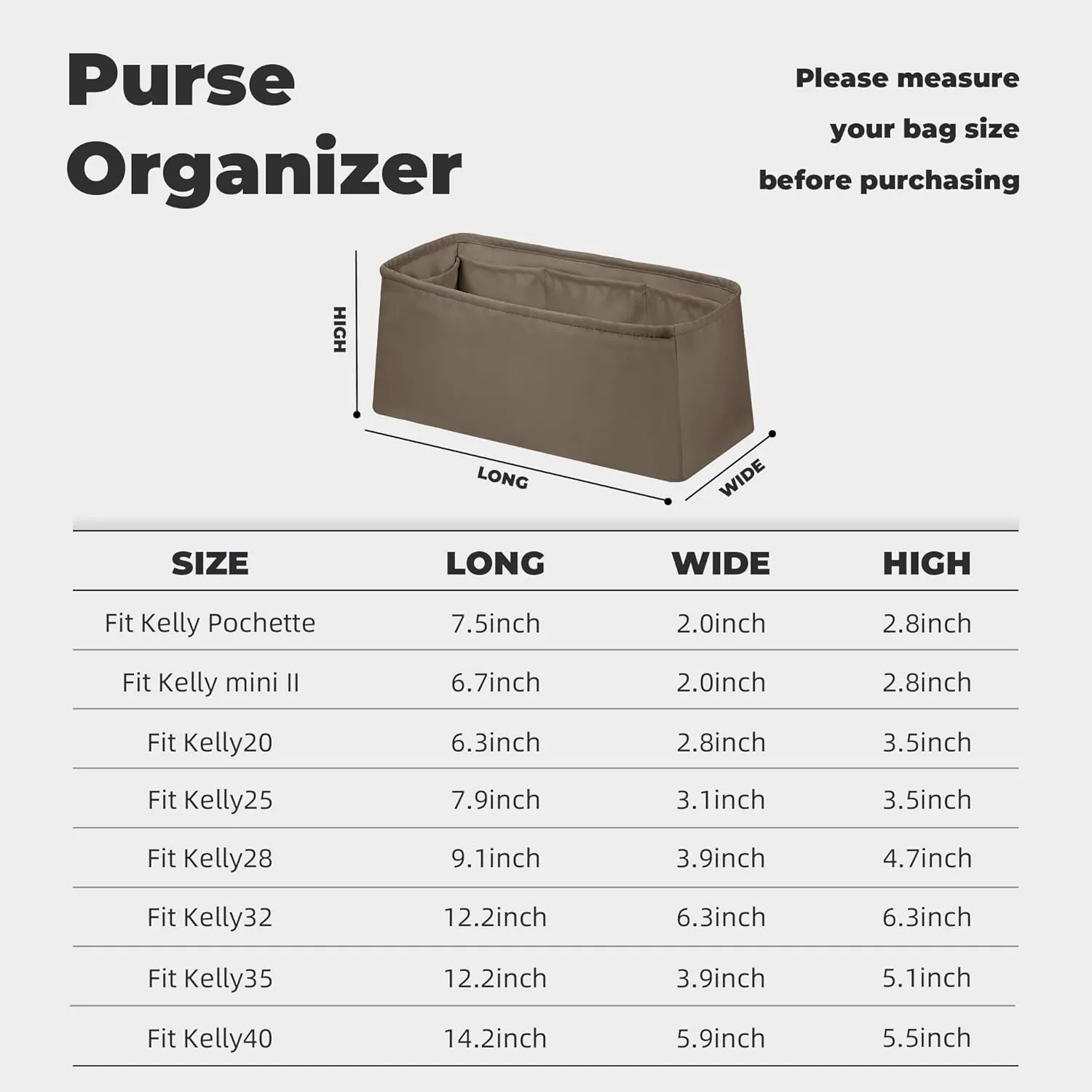 Purse Handbag Silky Organizer Insert Keep Bag Shape Fits Herme Kelly Pochette/Mini/20/25/32/35/40 bags, Luxury Handbag Tote Lightweight Sturdy(Kelly Pochette,Etoupe grey)
