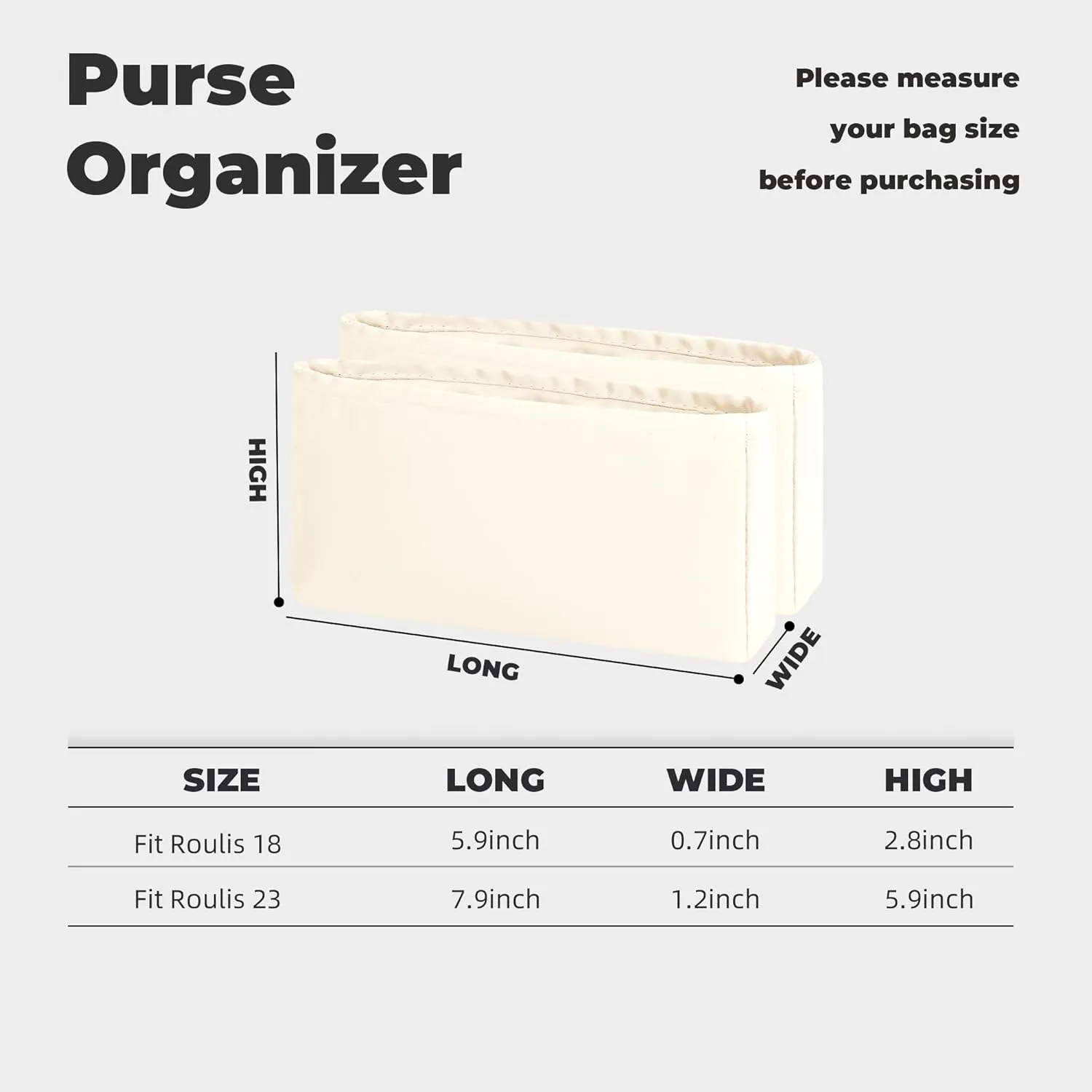 Purse Handbag Silky Organizer Insert Keep Bag Shape Fits Hermes Roulis 18/23 bags, Luxury Handbag Tote Lightweight Sturdy(Roulis 18,Craie)