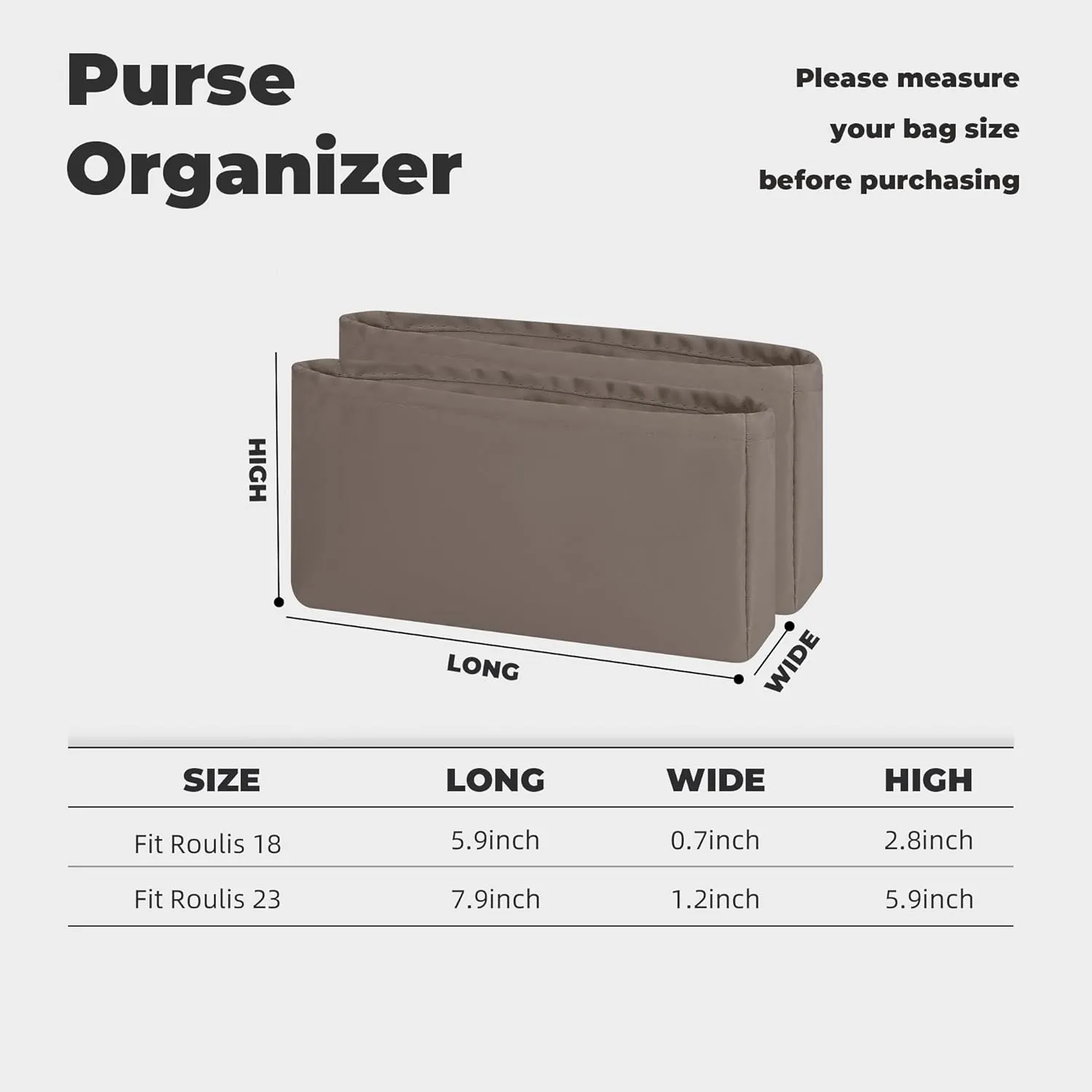 Purse Handbag Silky Organizer Insert Keep Bag Shape Fits Hermes Roulis 18/23 bags, Luxury Handbag Tote Lightweight Sturdy(Roulis 18,Etoupe grey)