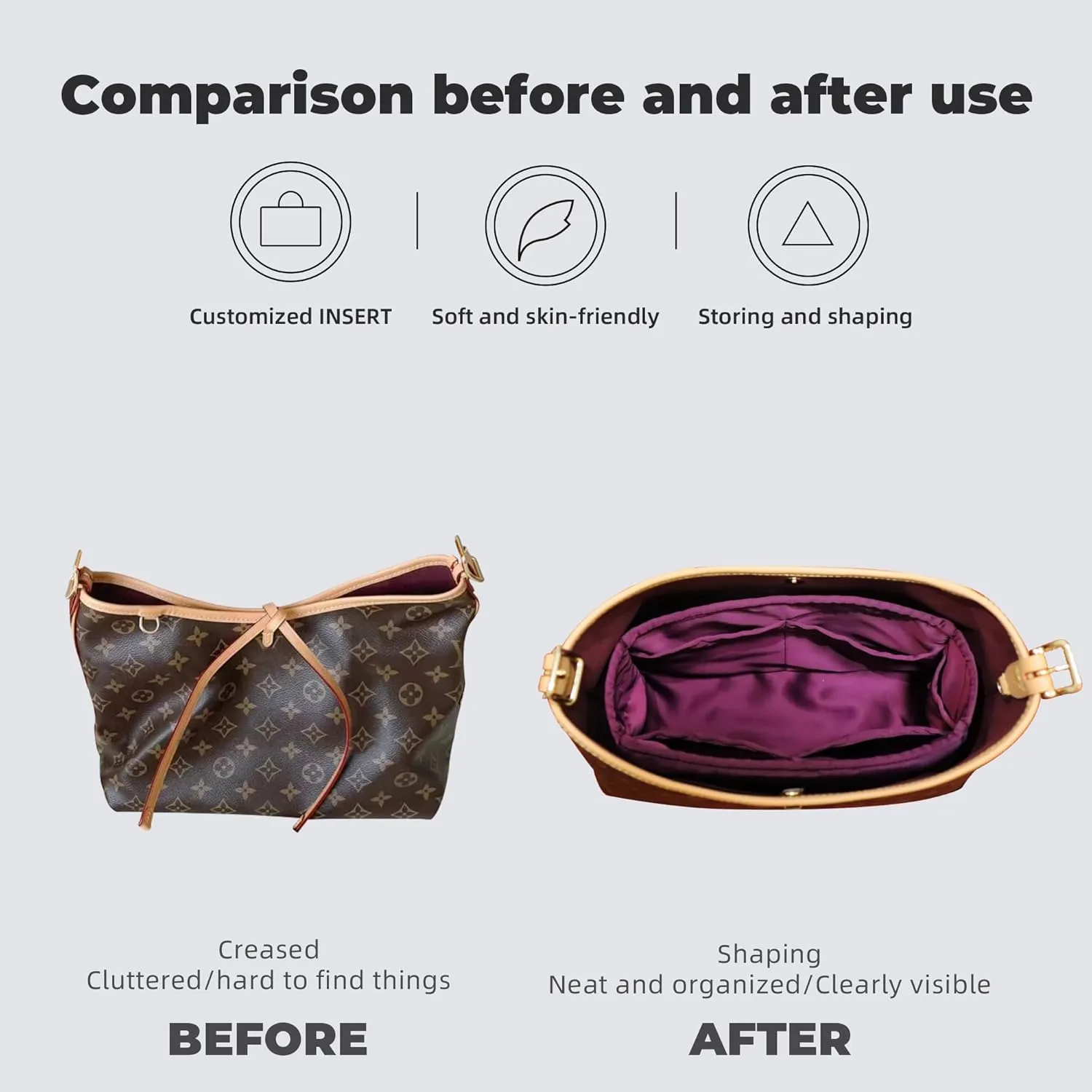 Purse Handbag Silky Organizer Insert Keep Bag Shape Fits LV Caryyall PM/MM bags, Luxury Handbag Tote Lightweight Sturdy(Carryall PM,Rouge moyen)
