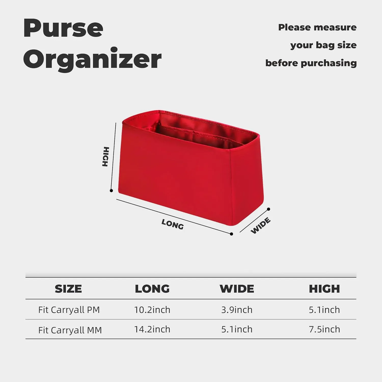 Purse Handbag Silky Organizer Insert Keep Bag Shape Fits LV Caryyall PM/MM bags, Luxury Handbag Tote Lightweight Sturdy(Carryall PM,Rouge moyen)
