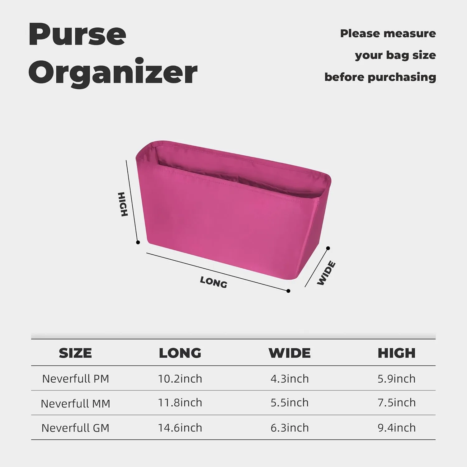 Purse Handbag Silky Organizer Insert Keep Bag Shape Fits LV-Neverfull-PM/MM/GM Bags, Luxury Handbag Tote Lightweight Sturdy(Rose pourpre, Neverfull-MM)