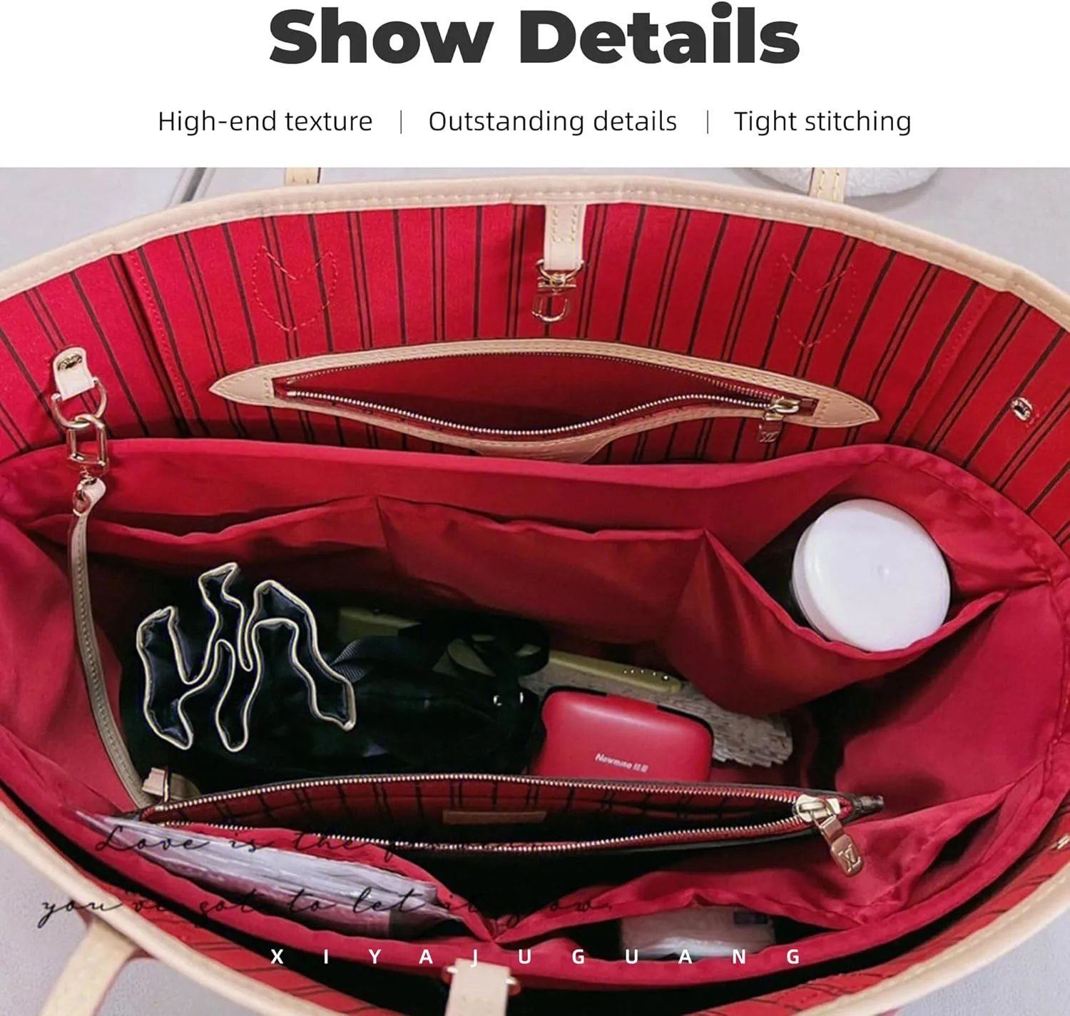 Purse Handbag Silky Organizer Insert Keep Bag Shape Fits LV-Neverfull-PM/MM/GM Bags, Luxury Handbag Tote Lightweight Sturdy(Rouge moyen, Neverfull-MM)