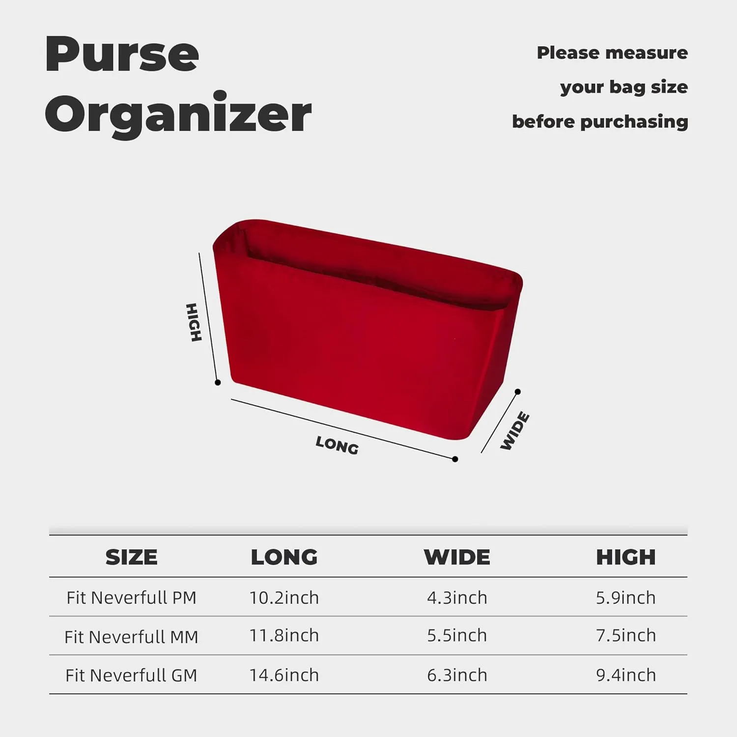 Purse Handbag Silky Organizer Insert Keep Bag Shape Fits LV-Neverfull-PM/MM/GM Bags, Luxury Handbag Tote Lightweight Sturdy(Rouge moyen, Neverfull-MM)