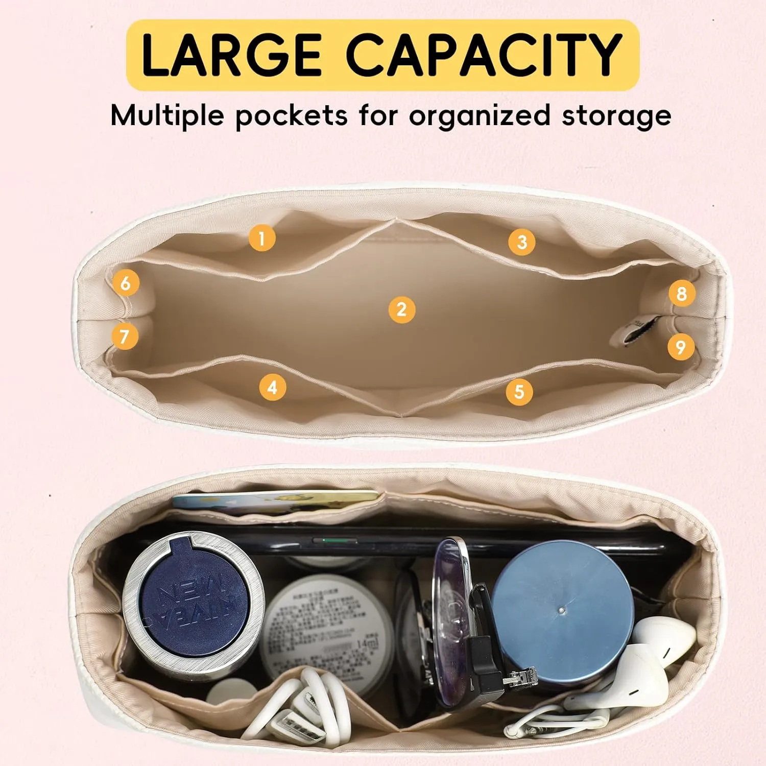 Purse Organizer Insert for Handbags TYVEK Inner Bag Organizers Compatible with Chanel 22 Bag Middle Size with Practical Pockets(Craie,Middle Size)