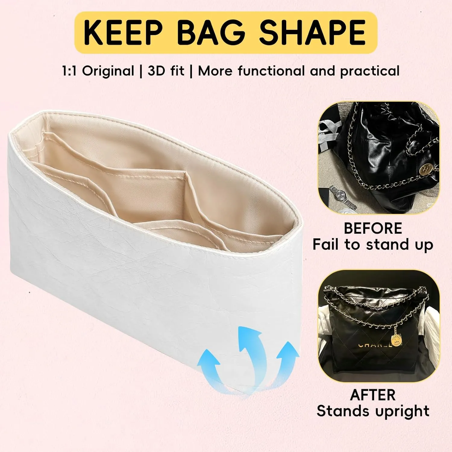 Purse Organizer Insert for Handbags TYVEK Inner Bag Organizers Compatible with Chanel 22 Bag Middle Size with Practical Pockets(Craie,Middle Size)