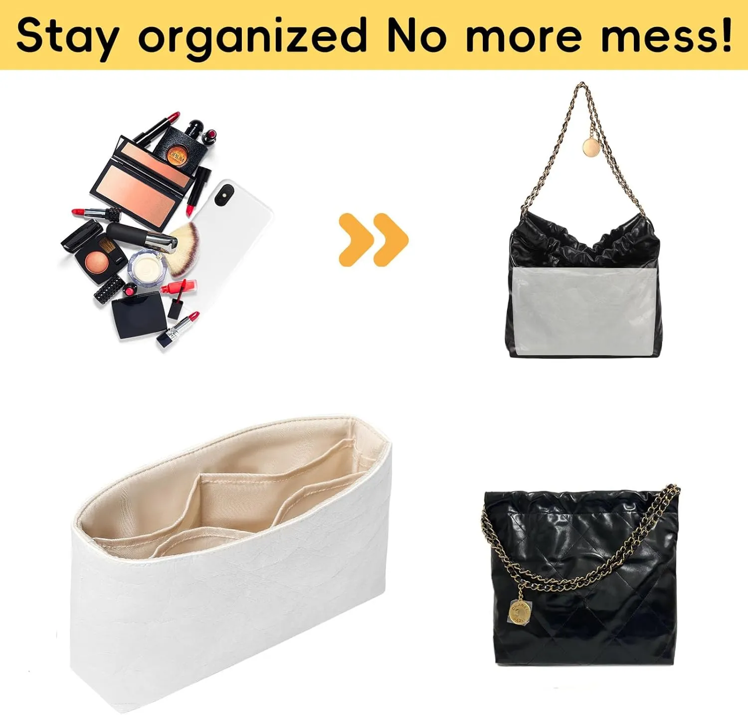 Purse Organizer Insert for Handbags TYVEK Inner Bag Organizers Compatible with Chanel 22 Bag Middle Size with Practical Pockets(Craie,Middle Size)