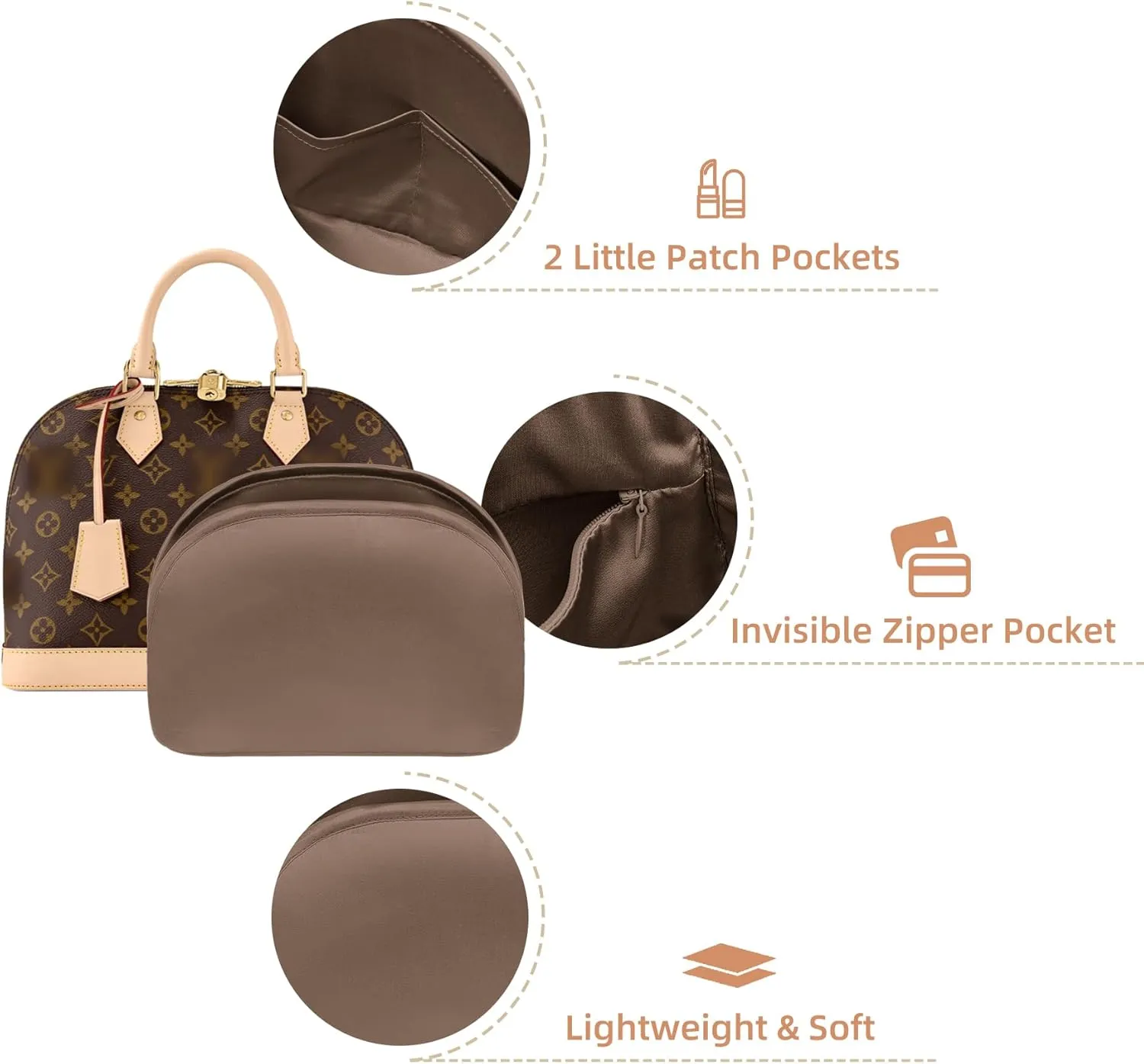 Purse Organizer Insert for LV Alma, Silk Bag Organizer Purse Organizer Insert for Alma PM BB insert organizer,Shell Tote Organizer for Women with Zipper Pocket