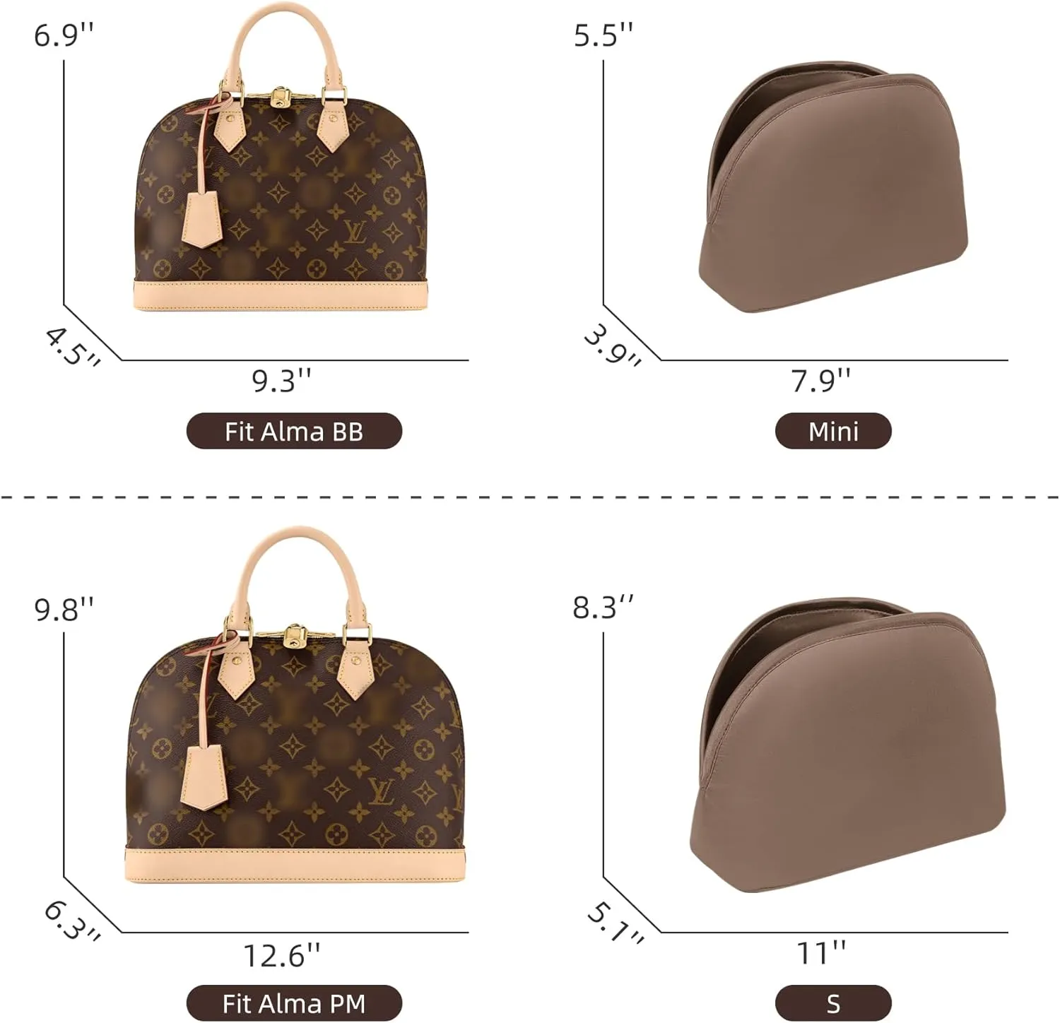 Purse Organizer Insert for LV Alma, Silk Bag Organizer Purse Organizer Insert for Alma PM BB insert organizer,Shell Tote Organizer for Women with Zipper Pocket