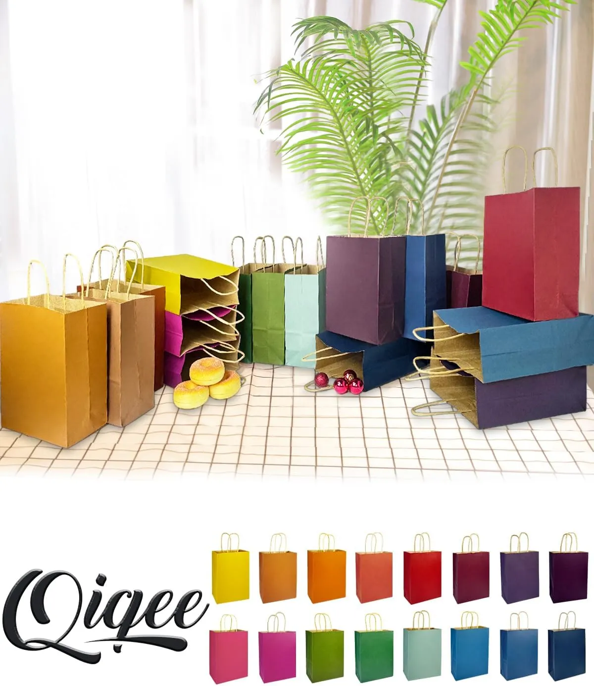 qiqee 60-Packs Paper Bags with Handles Bulk 8.26"×6"×3.15" Small Gift Bags 16 Different Senior Color Bags Multiple Uses（Small Size）