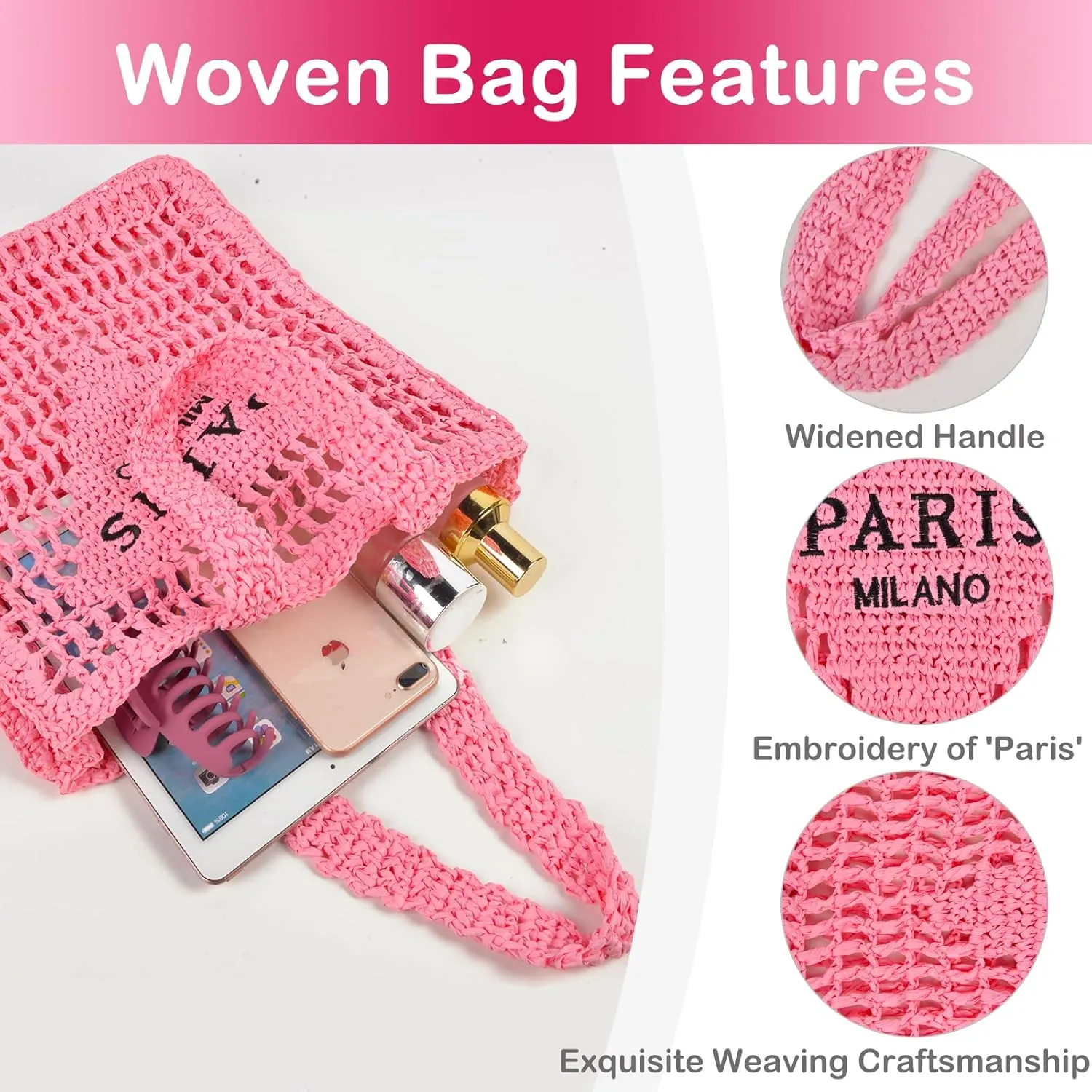 QZUnique Straw Beach Tote Bag for Women Summer Woven Shoulder Purse Handbag Large Handwoven Handbag Hobo for Vacation Travel
