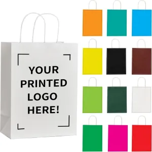 RACETOP 50 PCS Custom Kraft Paper Bags with Logo for Small Business, 8x4.5x10.8 Inch Medium Size, Personalized Gift Bags, Brown Shopping Paper bag with Handle Bulk, White Goodie Bag