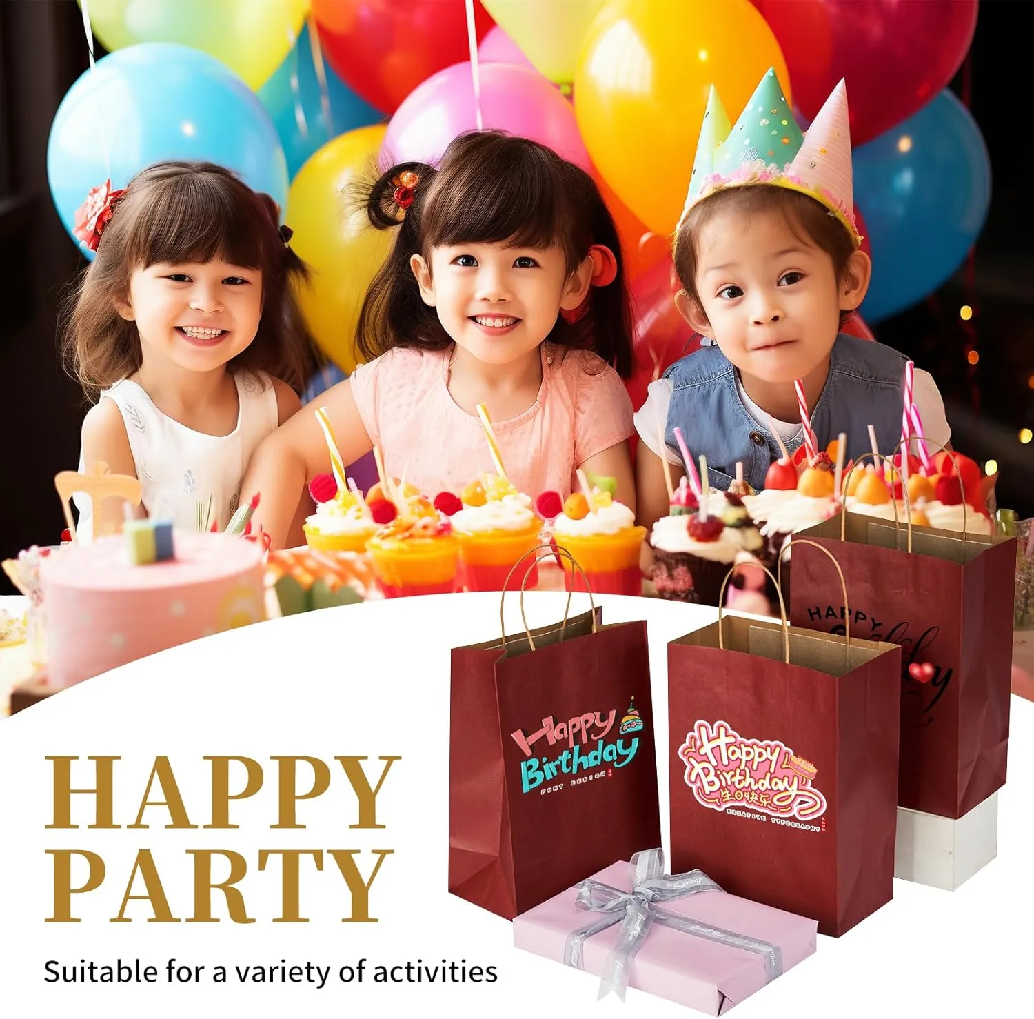 RACETOP 50 PCS Custom Kraft Paper Bags with Logo for Small Business, 8x4.5x10.8 Inch Medium Size, Personalized Gift Bags, Brown Shopping Paper bag with Handle Bulk, White Goodie Bag