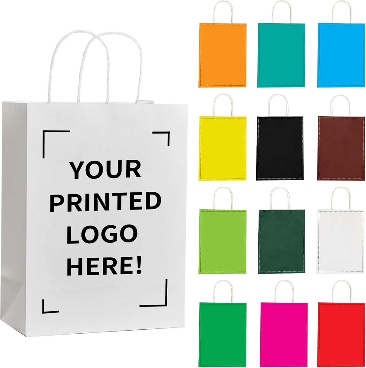 RACETOP 50 PCS Custom Kraft Paper Bags with Logo for Small Business, 8x4.5x10.8 Inch Medium Size, Personalized Gift Bags, Brown Shopping Paper bag with Handle Bulk, White Goodie Bag
