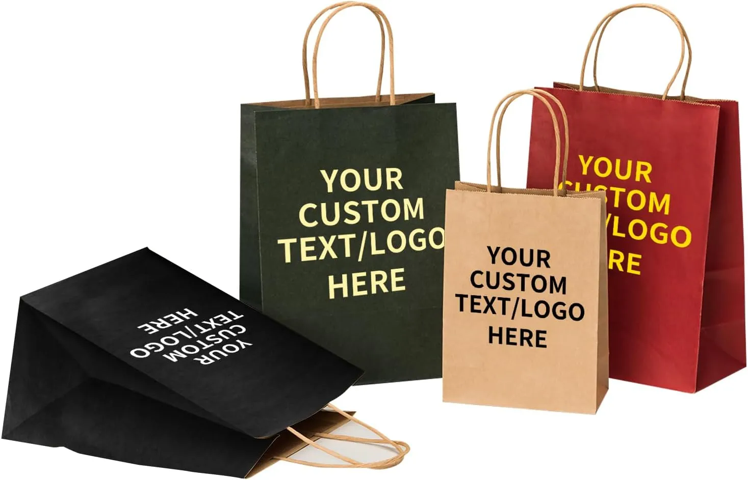 RACETOP 50 PCS Custom Kraft Paper Bags with Logo for Small Business, 8x4.5x10.8 Inch Medium Size, Personalized Gift Bags, Brown Shopping Paper bag with Handle Bulk, White Goodie Bag