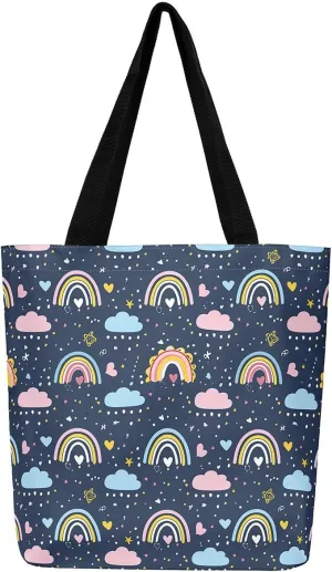 Rainbow Canvas Tote Bag,Butterfly Tote Bag,Cartoon Rainbow Colorful Sun Clouds Shopping Grocery Bags
