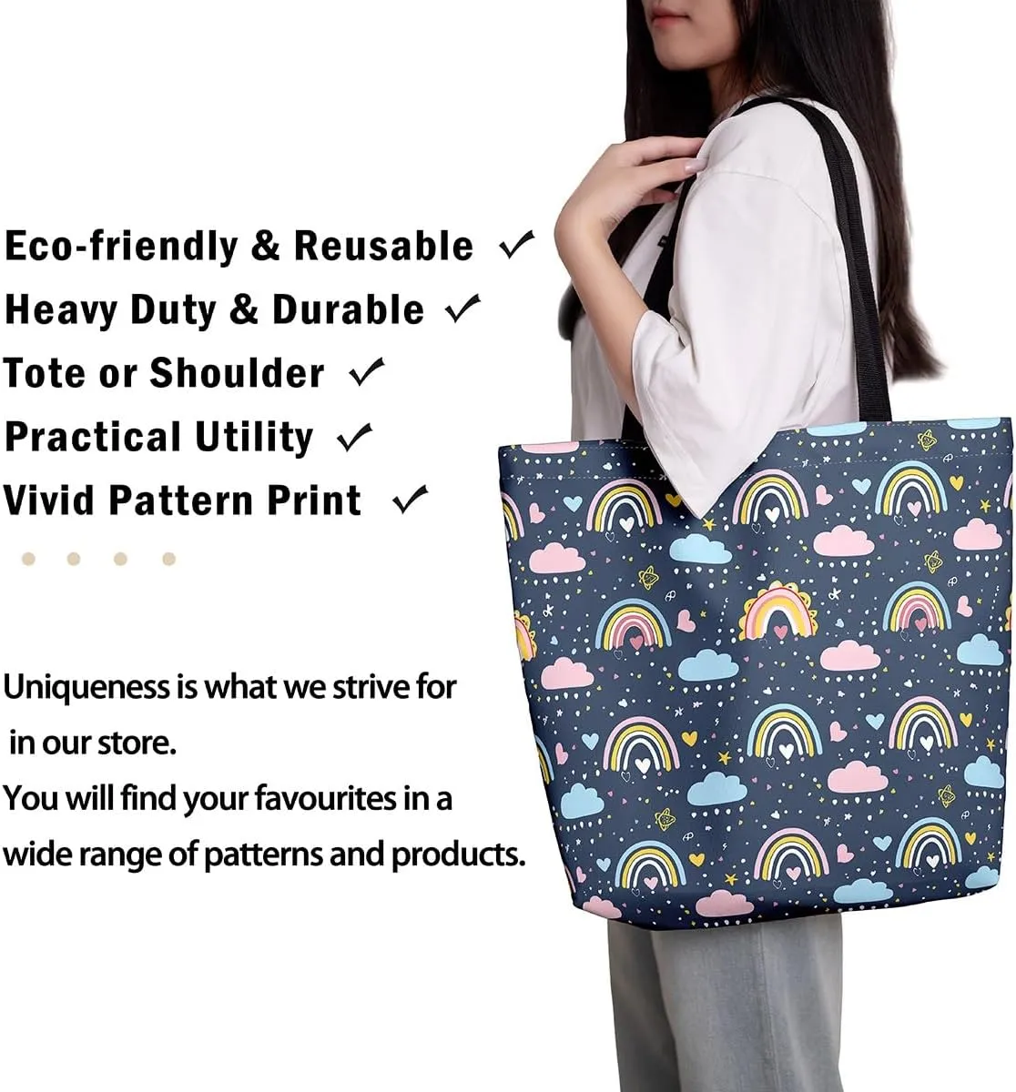 Rainbow Canvas Tote Bag,Butterfly Tote Bag,Cartoon Rainbow Colorful Sun Clouds Shopping Grocery Bags