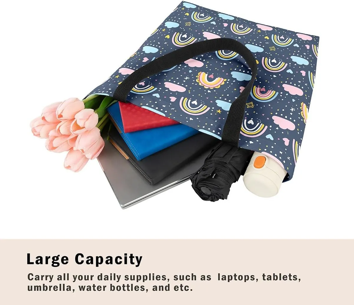 Rainbow Canvas Tote Bag,Butterfly Tote Bag,Cartoon Rainbow Colorful Sun Clouds Shopping Grocery Bags