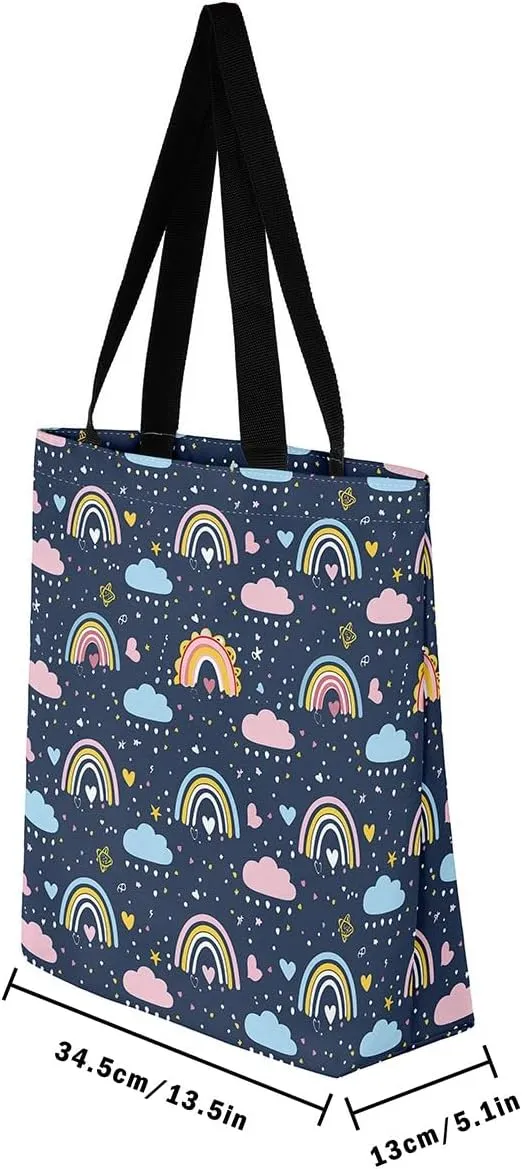 Rainbow Canvas Tote Bag,Butterfly Tote Bag,Cartoon Rainbow Colorful Sun Clouds Shopping Grocery Bags