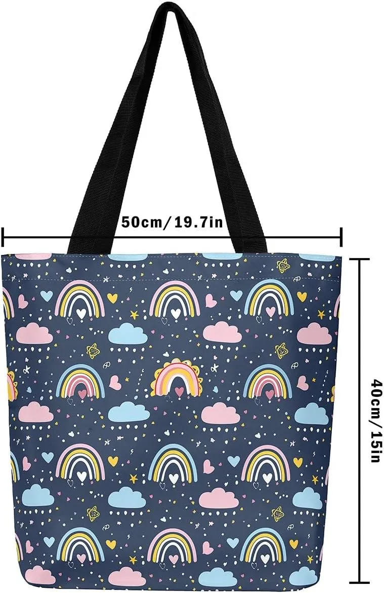 Rainbow Canvas Tote Bag,Butterfly Tote Bag,Cartoon Rainbow Colorful Sun Clouds Shopping Grocery Bags