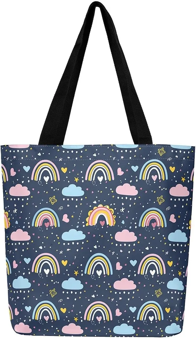 Rainbow Canvas Tote Bag,Butterfly Tote Bag,Cartoon Rainbow Colorful Sun Clouds Shopping Grocery Bags