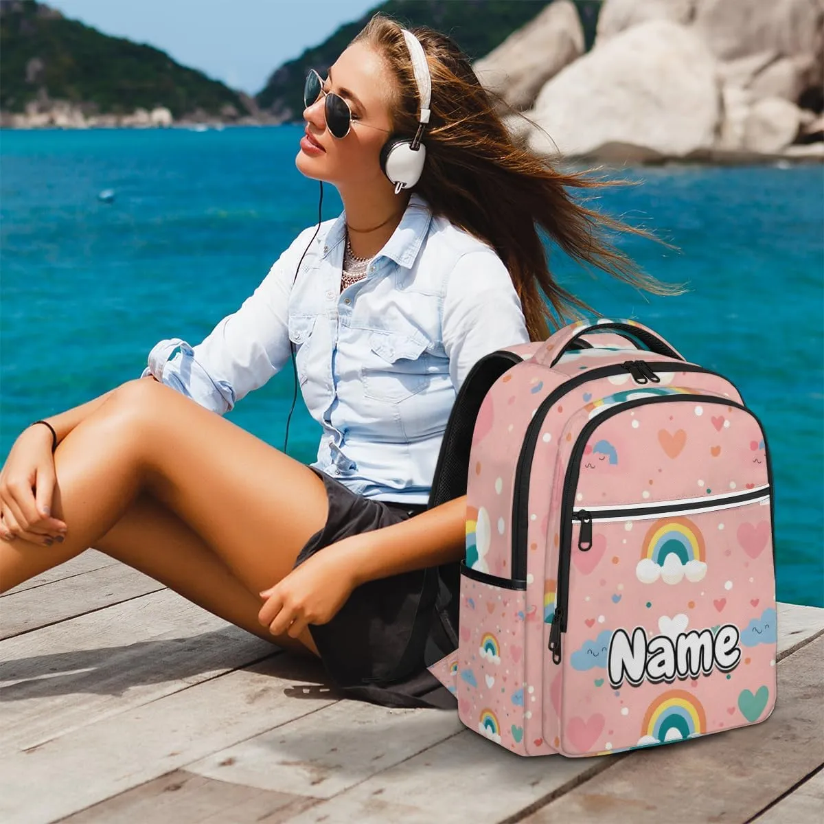 Rainbow Cloud Themed Personalized Laptop Backpack with Name Custom Shoulder Bags for Women Men Waterproof Travel Casual Daypack Laptop Bag Gifts 16.1in