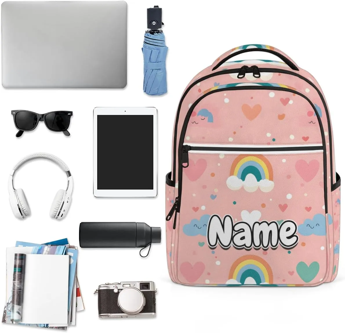 Rainbow Cloud Themed Personalized Laptop Backpack with Name Custom Shoulder Bags for Women Men Waterproof Travel Casual Daypack Laptop Bag Gifts 16.1in
