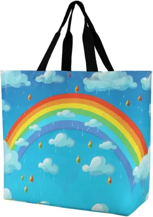 Rainbow Clouds Raindrop Tote Bag for Women Reusable Eco-friendly Shopping Bags Large Capacity Shoulder Bag