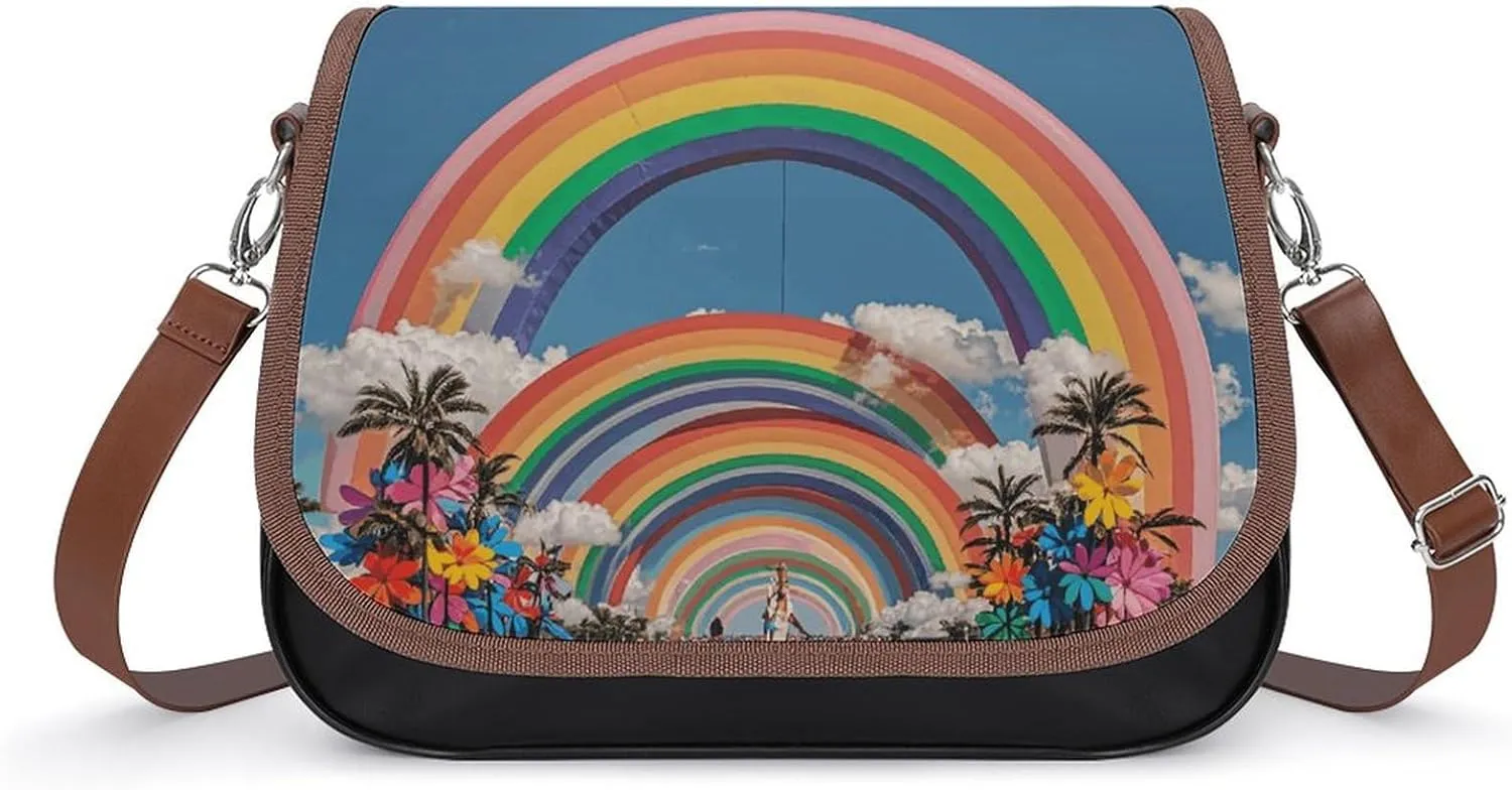 Rainbow Color Stripe Crossbody Bags for Women Travel Shoulder Bag Small Leather Cross Body Handbags