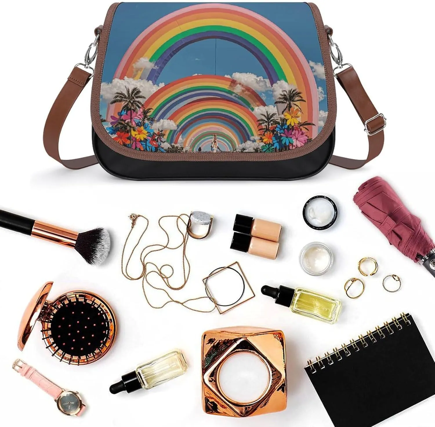 Rainbow Color Stripe Crossbody Bags for Women Travel Shoulder Bag Small Leather Cross Body Handbags