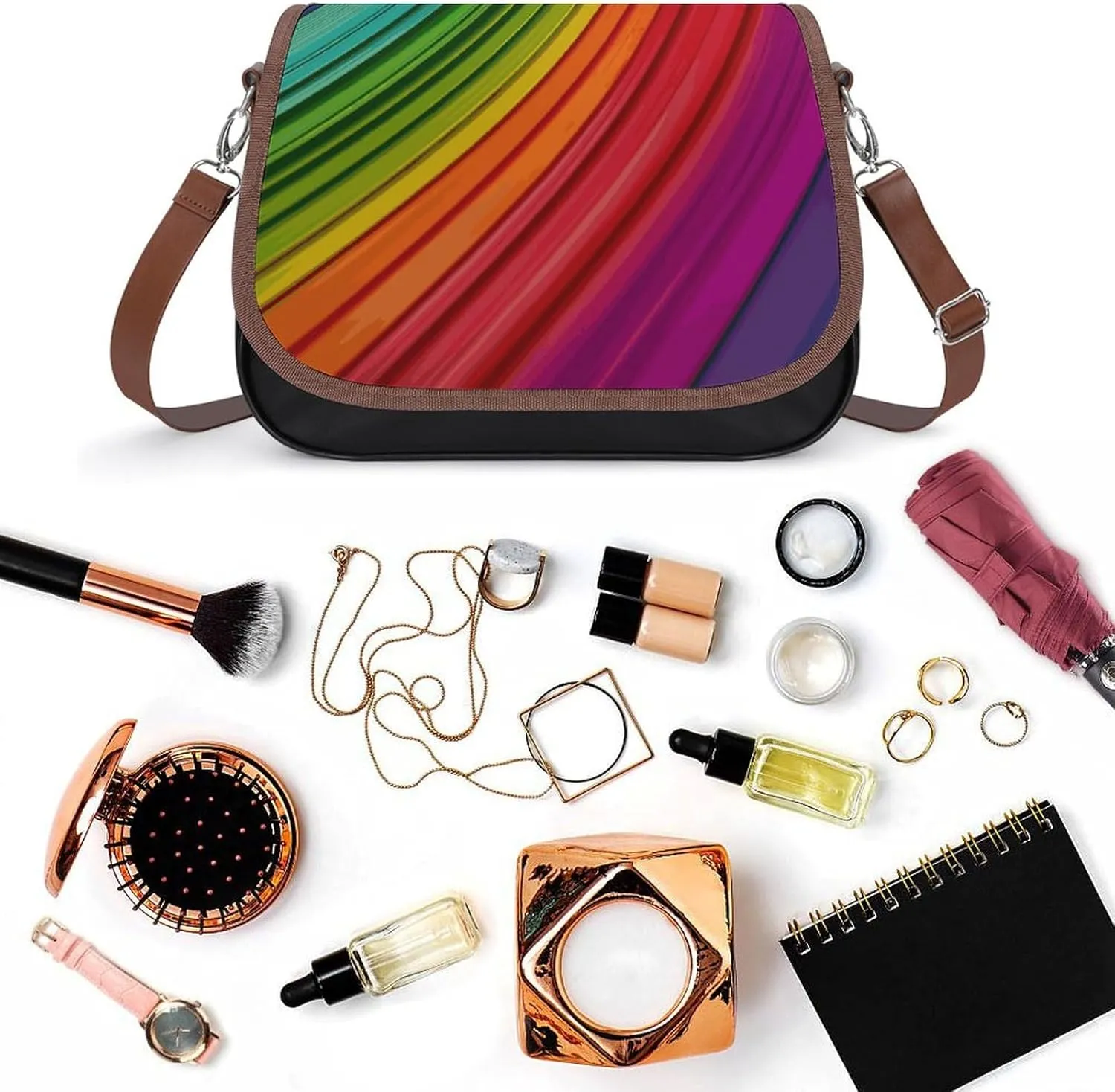 Rainbow Color Stripe Crossbody Bags for Women Travel Shoulder Bag Small Leather Cross Body Handbags