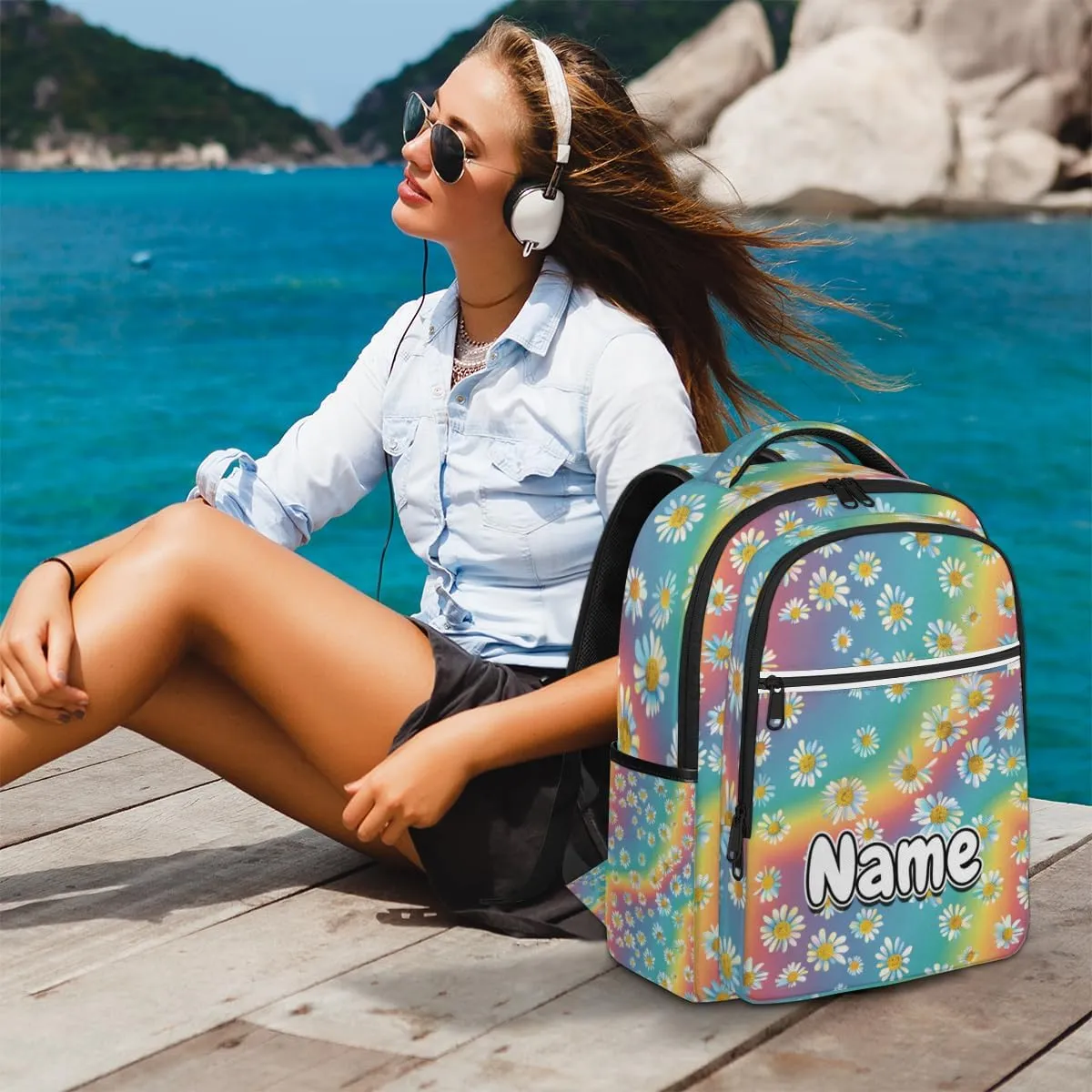 Rainbow Colorful Daisy Personalized Laptop Backpack with Name Custom Shoulder Bags for Women Men Waterproof Travel Casual Daypack Laptop Bag Gifts 16.1in