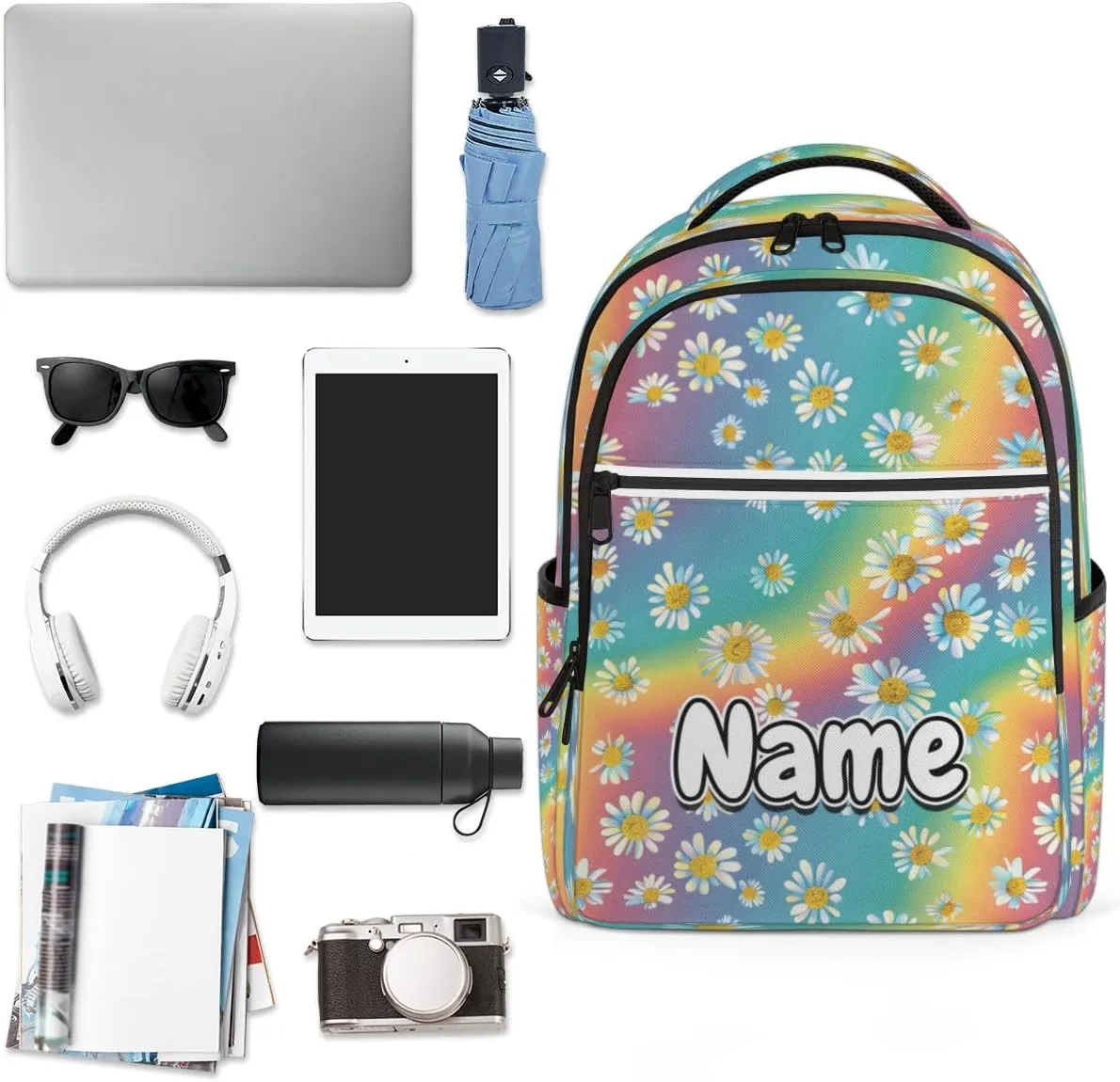 Rainbow Colorful Daisy Personalized Laptop Backpack with Name Custom Shoulder Bags for Women Men Waterproof Travel Casual Daypack Laptop Bag Gifts 16.1in
