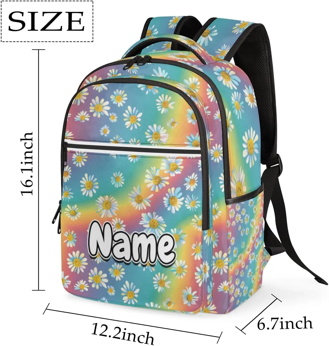 Rainbow Colorful Daisy Personalized Laptop Backpack with Name Custom Shoulder Bags for Women Men Waterproof Travel Casual Daypack Laptop Bag Gifts 16.1in