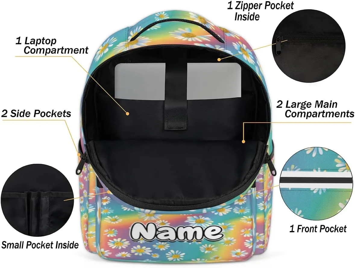 Rainbow Colorful Daisy Personalized Laptop Backpack with Name Custom Shoulder Bags for Women Men Waterproof Travel Casual Daypack Laptop Bag Gifts 16.1in