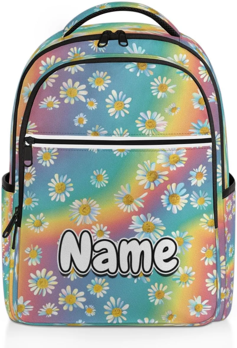Rainbow Colorful Daisy Personalized Laptop Backpack with Name Custom Shoulder Bags for Women Men Waterproof Travel Casual Daypack Laptop Bag Gifts 16.1in