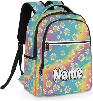 Rainbow Colorful Daisy Personalized Laptop Backpack with Name Custom Shoulder Bags for Women Men Waterproof Travel Casual Daypack Laptop Bag Gifts 16.1in