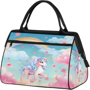 Rainbow Floral Pink Unicorn Duffelbag Waterproof Polyester Overnight Weekend Bags Fitness Travel Sports Bag Airplane Carry-on Bag for Gym Beach Travel Daily Shopping